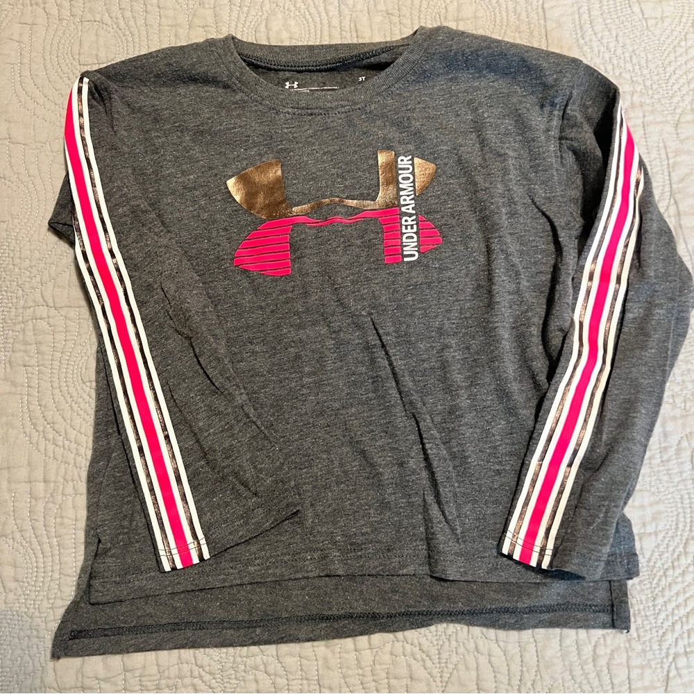 Under Armour Girls Gray Long Sleeve Shirt with Pink Accents